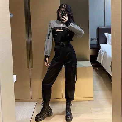 Calças esportivas calças femininas baggy harajuku punk preto carga calças y2k cintura alta joggers coréia sweatpants vetement femme cinto livre