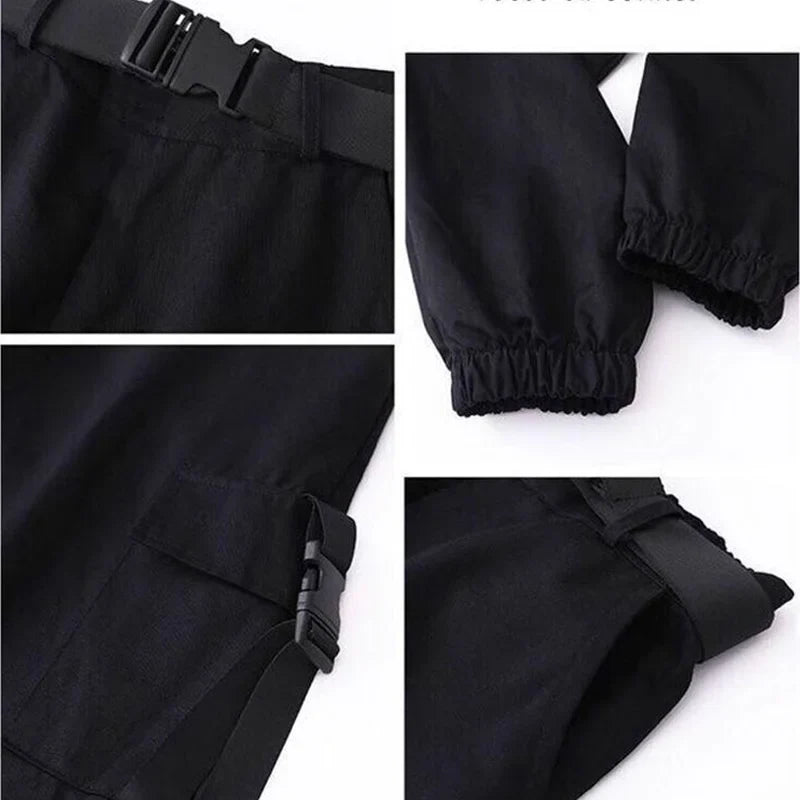 Calças esportivas calças femininas baggy harajuku punk preto carga calças y2k cintura alta joggers coréia sweatpants vetement femme cinto livre