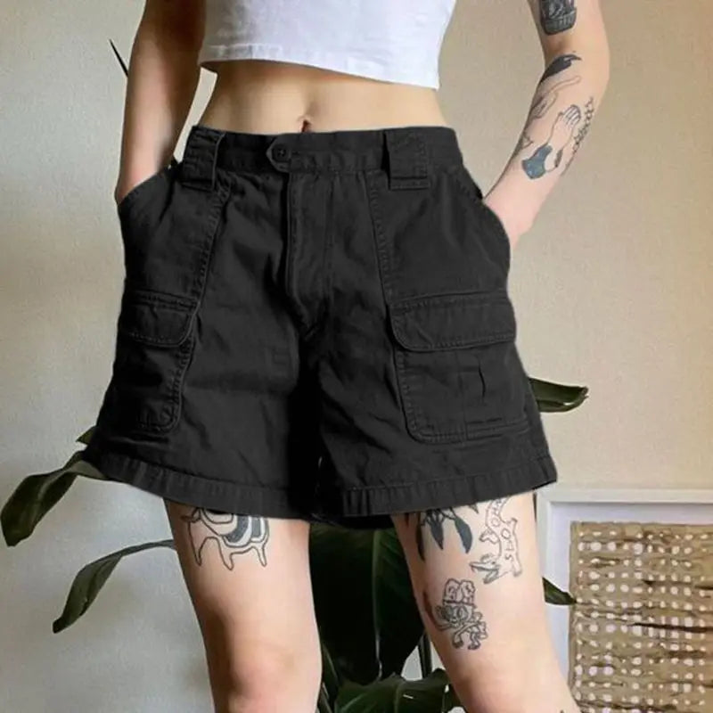 Calções de carga retos moda feminina americano retro simples lazer all-match verão quente streetwear meados cintura bolsos designer ins
