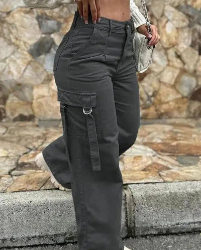 Calça cargo feminina com design de bolso, cor sólida, verão, primavera, safari
