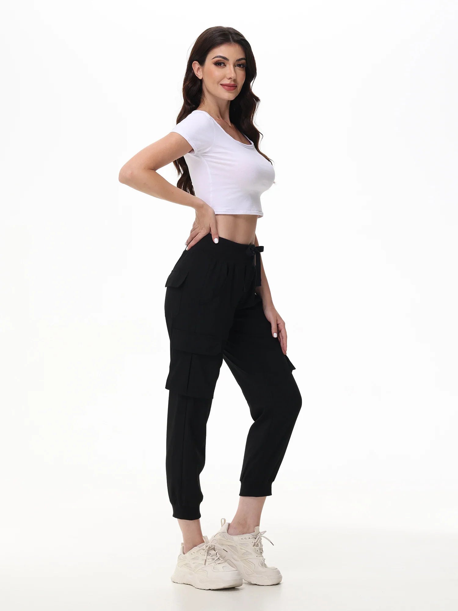 Calças femininas casuais para ioga e corrida, tecido elástico e calças cortadas respiráveis, calças com 6 bolsos para mães femininas