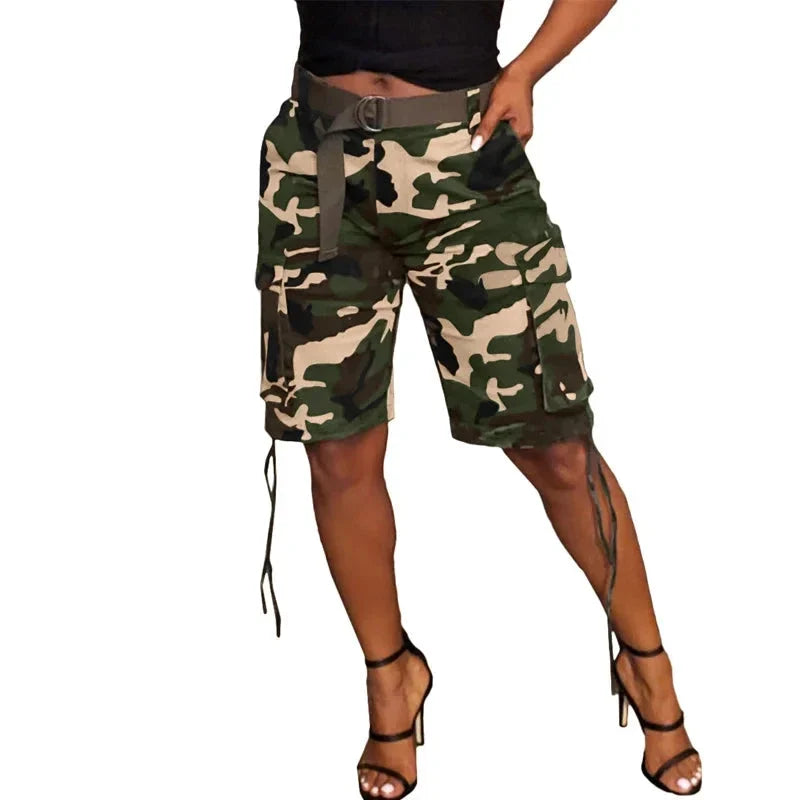 Stigende Camuflagem Verão Shorts de Carga Mulheres Casual Bandagem Bolso Shorts Senhoras Slim Fit Lace Up Botão Shorts Streetwear