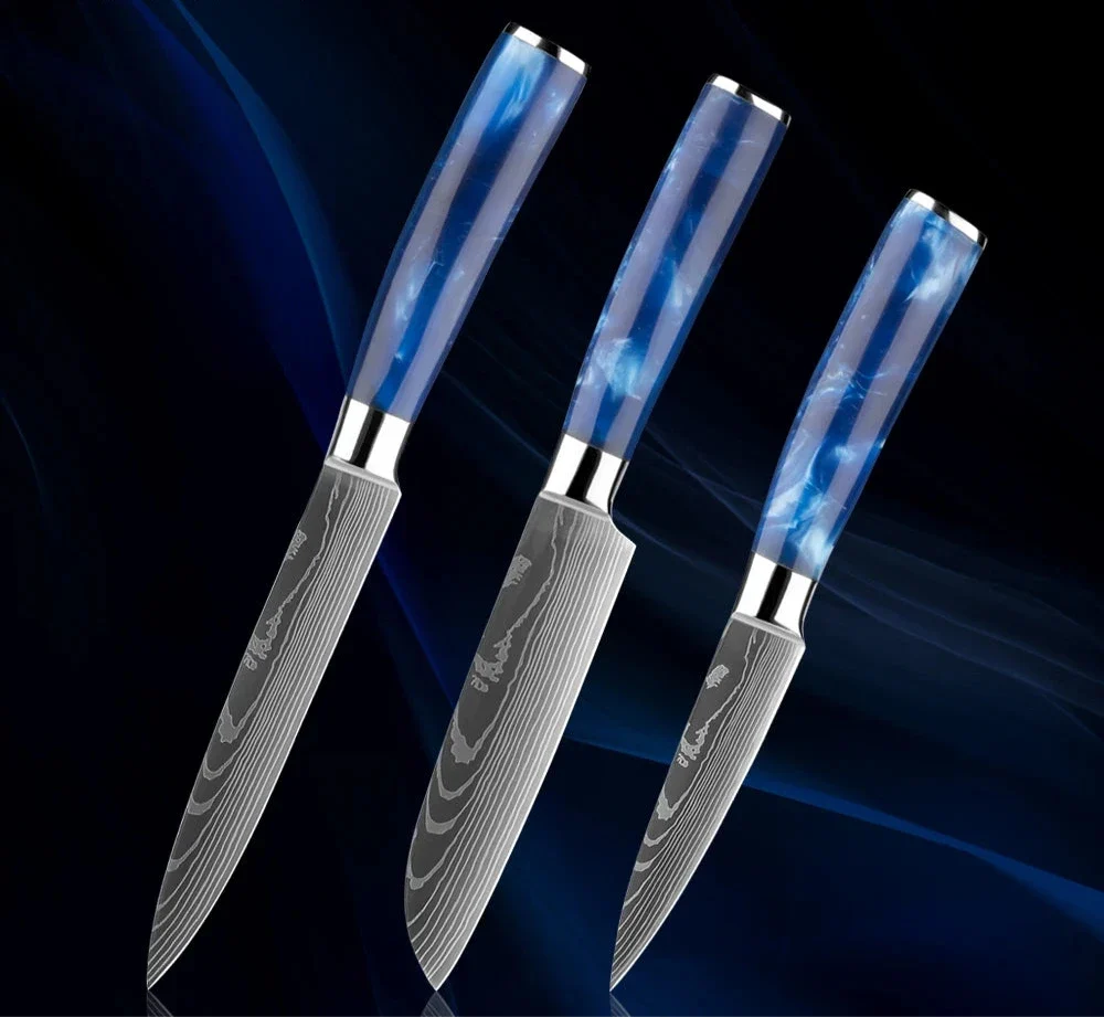Ultra Sharp Paring Facas Set, frutas e legumes faca, cozinha desossa faca, Damasco Padrão, aço Chef faca, alça de resina azul