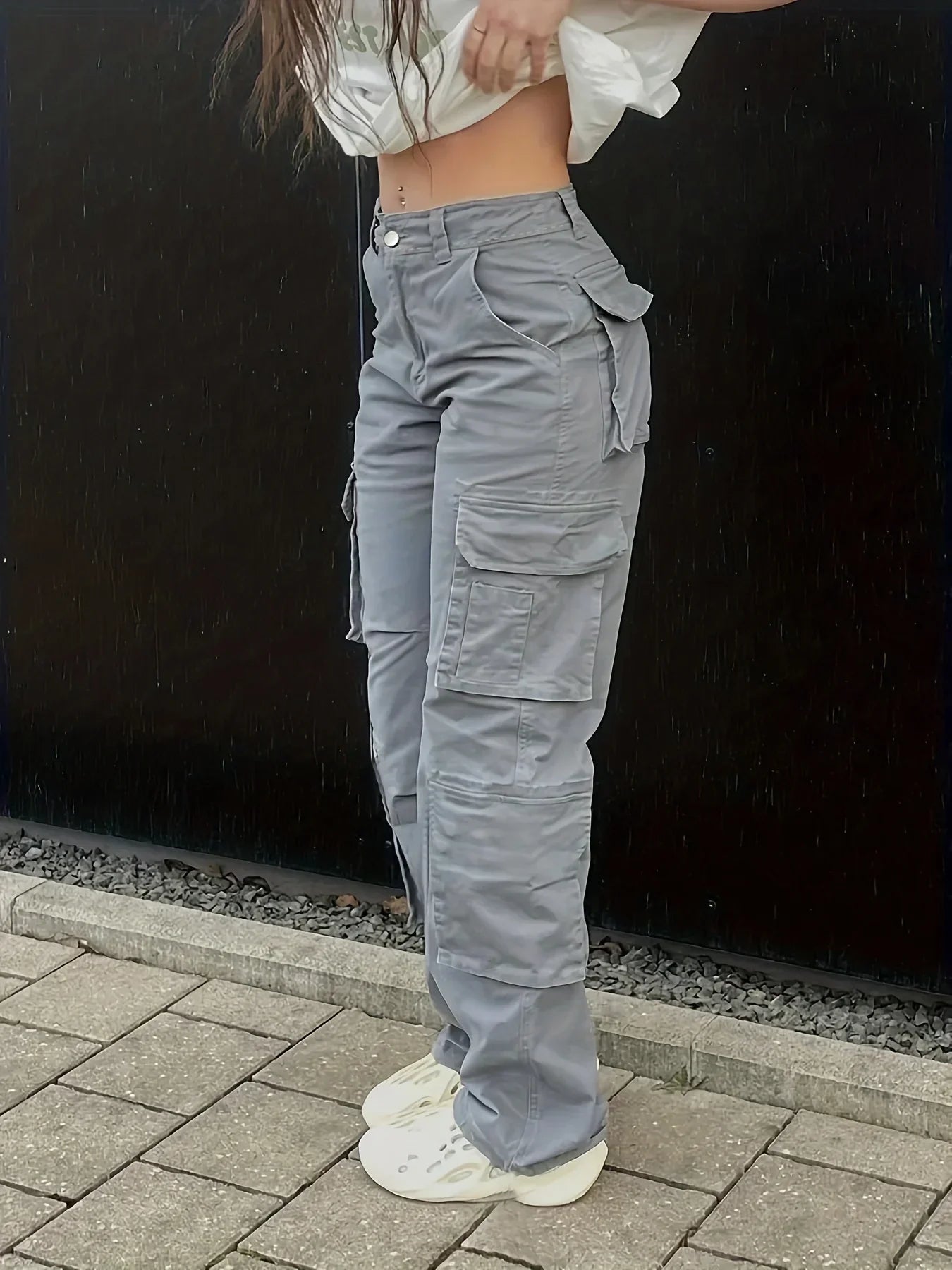 Calça jeans de cintura alta feminina, jeans casual, rua, estilo hip-hop, na moda, Y2K