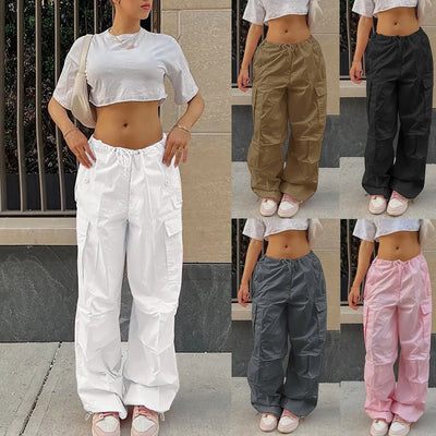 Cordão cintura baixa paraquedas moletom ajuste solto das mulheres, Y2K Roupas, Calças extragrandes, Calças Jogger Carga, Streetwear Roupas