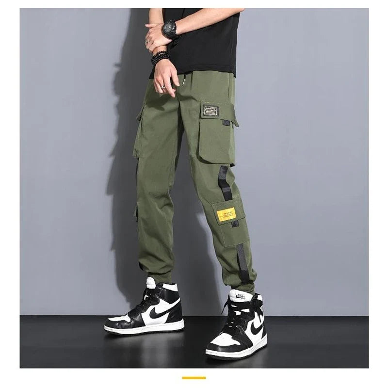 Masculino Casual Hip Hop Calças Cargo, Hit Color, Calças Bolsos Múltiplos, Streetwear, Fitas Techwear, Moletom