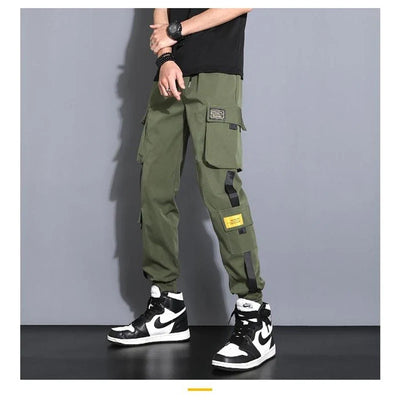 Masculino Casual Hip Hop Calças Cargo, Hit Color, Calças Bolsos Múltiplos, Streetwear, Fitas Techwear, Moletom