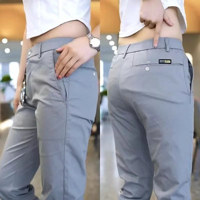 Calça de golfe masculina de seda gelo, calça casual de peso médio, design simples, cáqui, preto, slim, perna reta, stretch, casual