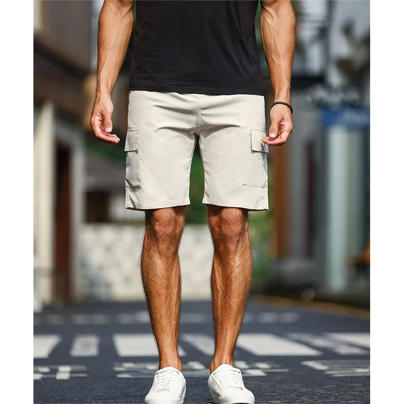 Drawstring Carga Shorts dos homens, bolso cor sólida
