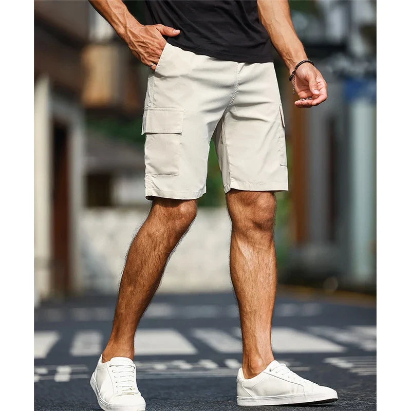 Drawstring Carga Shorts dos homens, bolso cor sólida