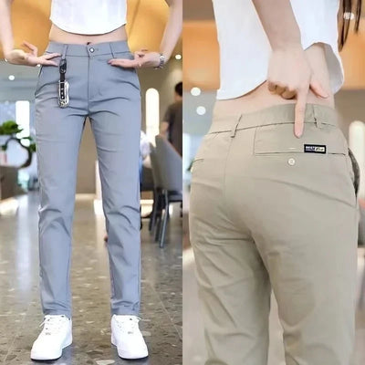 Calça de golfe masculina de seda gelo, calça casual de peso médio, design simples, cáqui, preto, slim, perna reta, stretch, casual