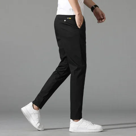 Calça de golfe masculina de seda gelo, calça casual de peso médio, design simples, cáqui, preto, slim, perna reta, stretch, casual