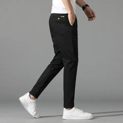 Calça de golfe masculina de seda gelo, calça casual de peso médio, design simples, cáqui, preto, slim, perna reta, stretch, casual