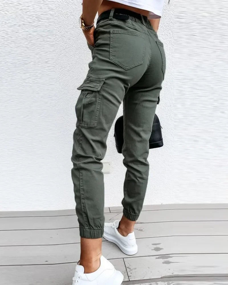 Calças femininas de cintura alta, streetwear feminino, calças casuais, design de bolso, calças versáteis, roupas vintage, moda Y2K, outono, 2023