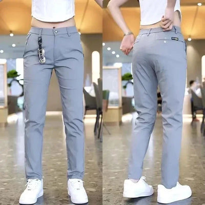 Calça de golfe masculina de seda gelo, calça casual de peso médio, design simples, cáqui, preto, slim, perna reta, stretch, casual