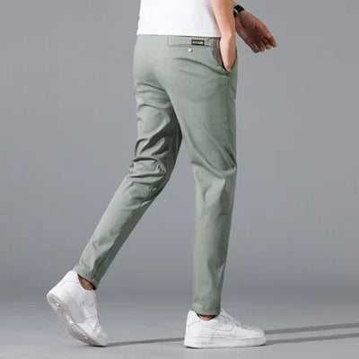 Calça de golfe masculina de seda gelo, calça casual de peso médio, design simples, cáqui, preto, slim, perna reta, stretch, casual