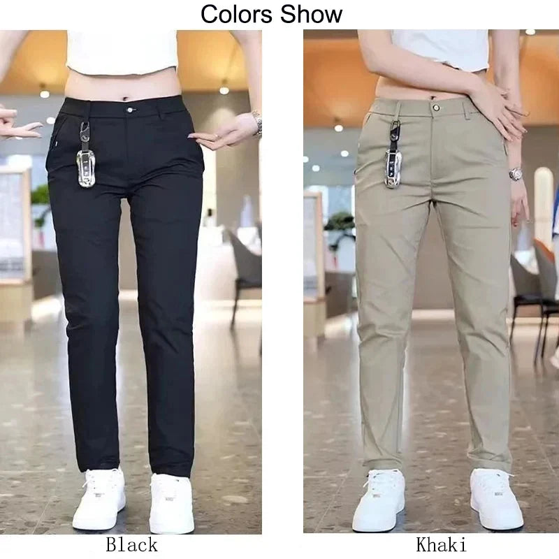 Calça de golfe masculina de seda gelo, calça casual de peso médio, design simples, cáqui, preto, slim, perna reta, stretch, casual