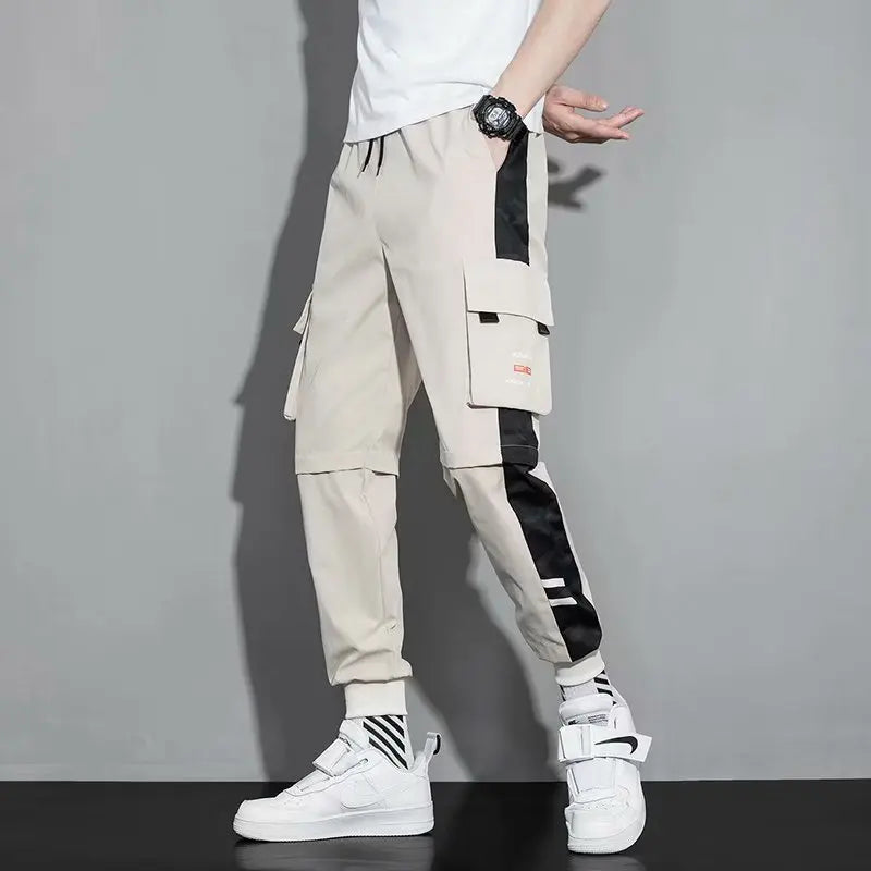 Masculino Casual Hip Hop Calças Cargo, Hit Color, Calças Bolsos Múltiplos, Streetwear, Fitas Techwear, Moletom
