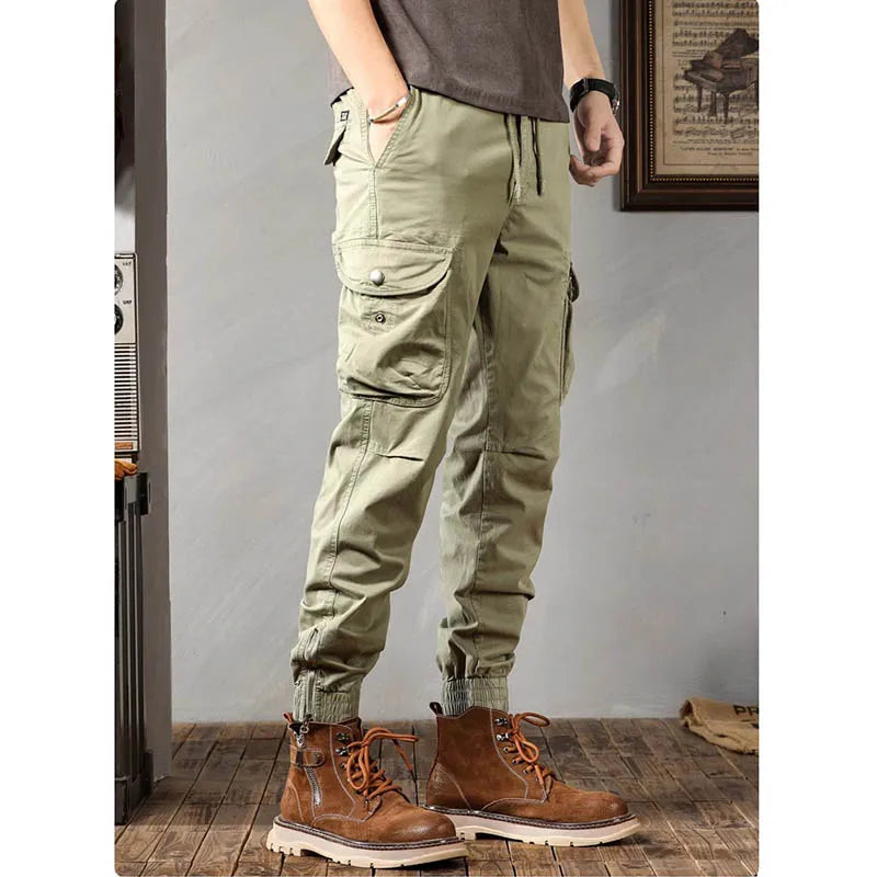 Calça masculina de perna larga texturizada, roupa casual solta, calça pendurada, primavera e outono