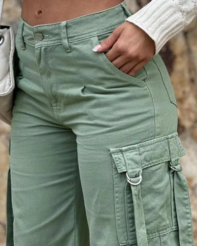 Calça cargo feminina com design de bolso, cor sólida, verão, primavera, safari
