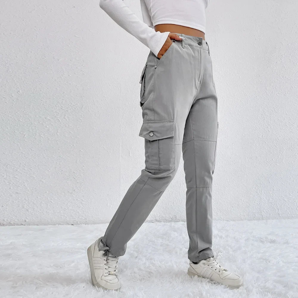 Calças femininas multi-bolsos, calças de trabalho cargo, joggers casuais, calças estilo workwear, moletom tendência, moda feminina