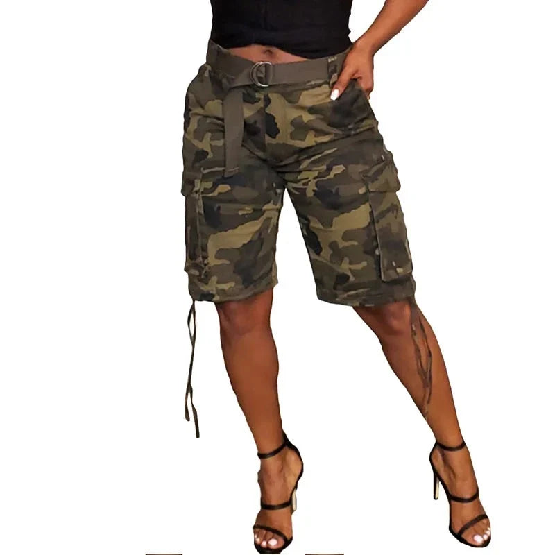 Stigende Camuflagem Verão Shorts de Carga Mulheres Casual Bandagem Bolso Shorts Senhoras Slim Fit Lace Up Botão Shorts Streetwear