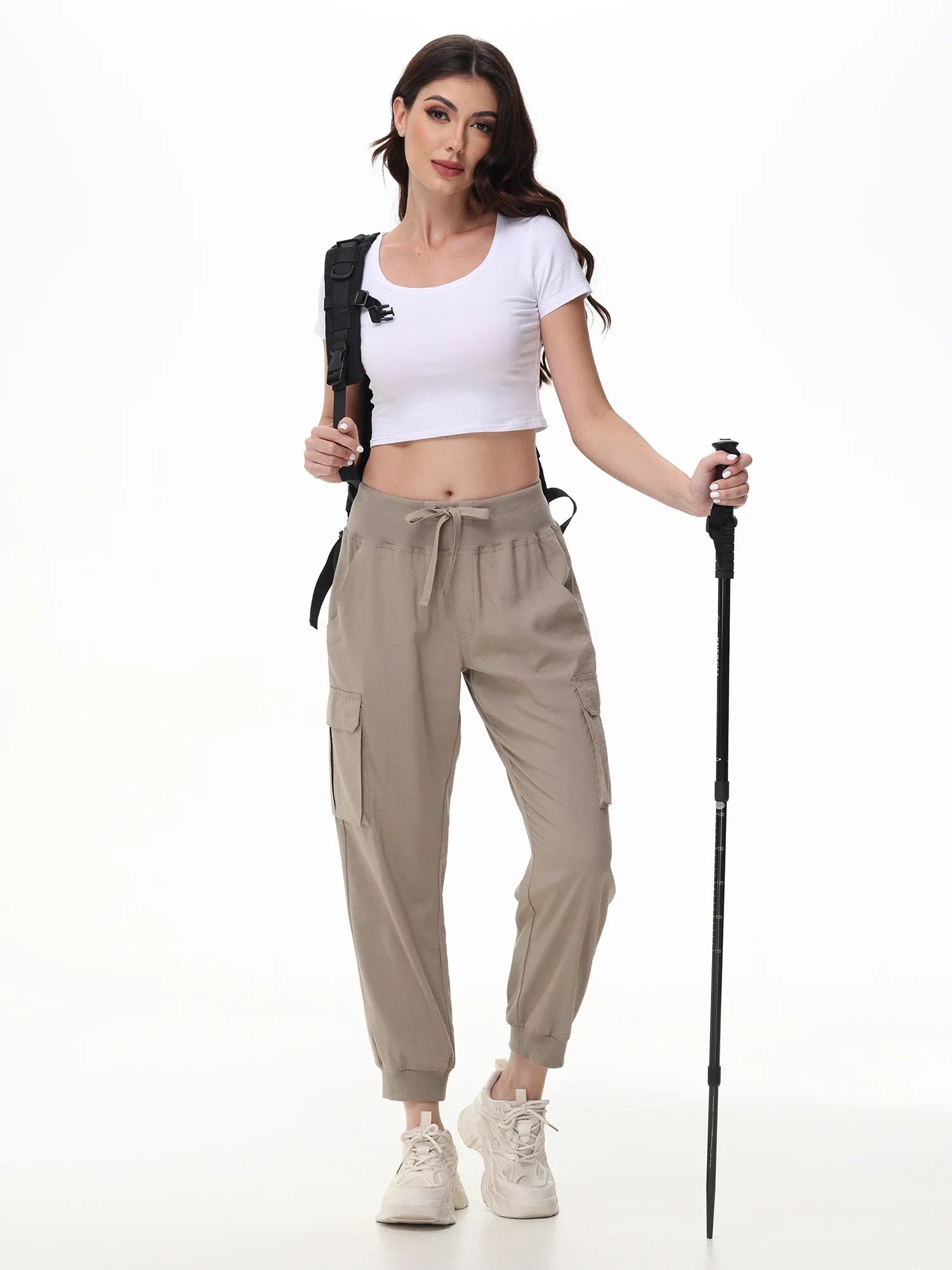 Calças femininas casuais para ioga e corrida, tecido elástico e calças cortadas respiráveis, calças com 6 bolsos para mães femininas