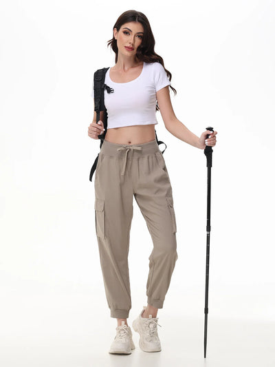 Calças femininas casuais para ioga e corrida, tecido elástico e calças cortadas respiráveis, calças com 6 bolsos para mães femininas