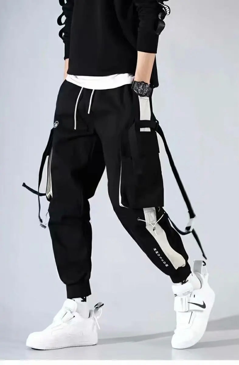 Masculino Casual Hip Hop Calças Cargo, Hit Color, Calças Bolsos Múltiplos, Streetwear, Fitas Techwear, Moletom