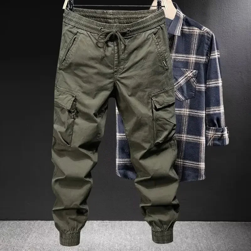 Calça cargo casual masculina, ajuste solto, cor sólida, estilo americano, marca da moda, primavera, outono