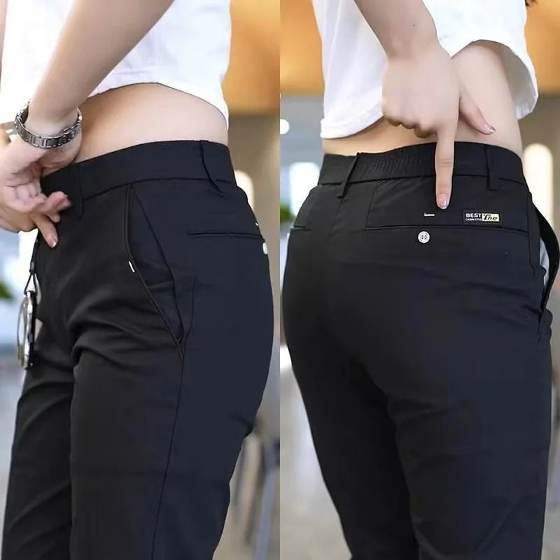 Calça de golfe masculina de seda gelo, calça casual de peso médio, design simples, cáqui, preto, slim, perna reta, stretch, casual