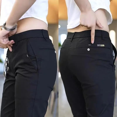 Calça de golfe masculina de seda gelo, calça casual de peso médio, design simples, cáqui, preto, slim, perna reta, stretch, casual