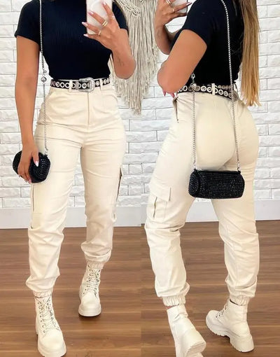 Calças cargas de cintura alta para mulheres, streetwear casual, design de bolso com tudo, moda feminina, verão, 2023