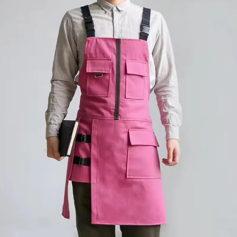 Avental de cozinha multifunções para homens e mulheres, macacão de lona, restaurante, barbeiro, padaria, pastelaria, florista, preto e branco, moda
