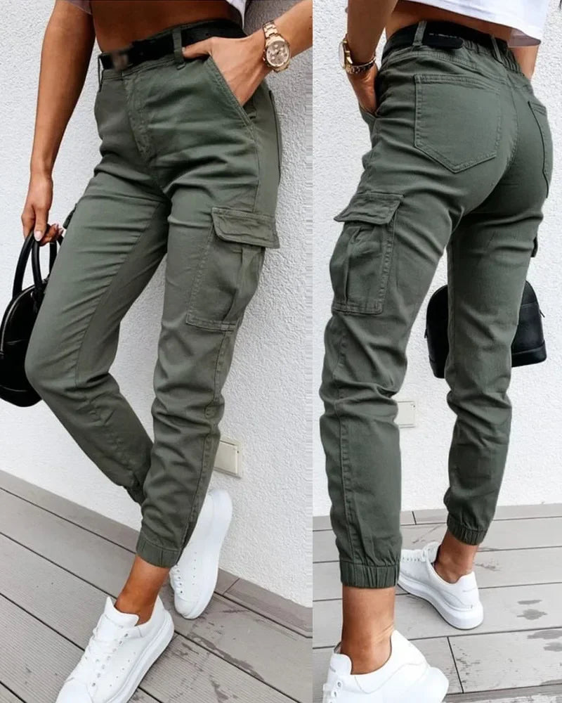 Calças femininas de cintura alta, streetwear feminino, calças casuais, design de bolso, calças versáteis, roupas vintage, moda Y2K, outono, 2023