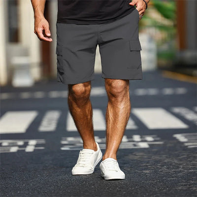 Drawstring Carga Shorts dos homens, bolso cor sólida