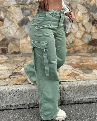 Calça cargo feminina com design de bolso, cor sólida, verão, primavera, safari